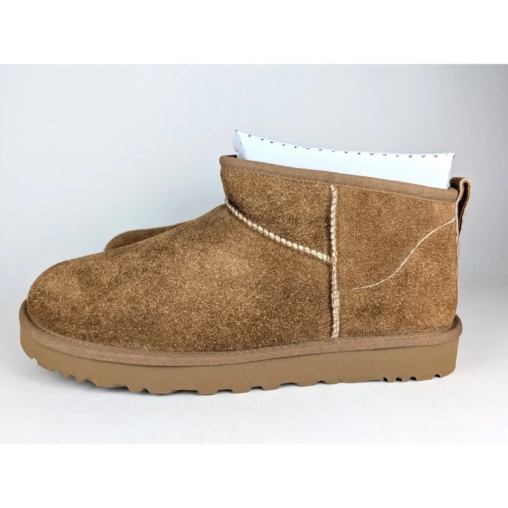 UGG‎ Classic Ultra Mini Fuzzy Suede Boots Mens Size 9 Chestnut Shearling Lined